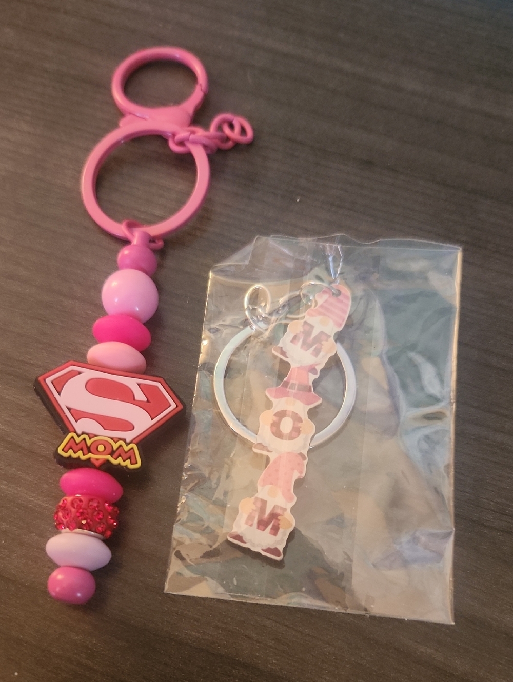 Pink 'Supermom' Beaded & MOM Gnome Keychain